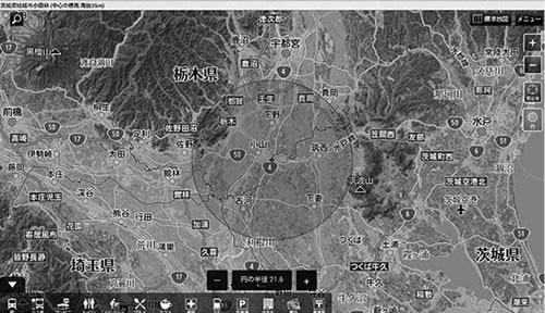 小山市を中心に半径約２０キロの円で描いた「新４号線工業地帯」のイメージ図